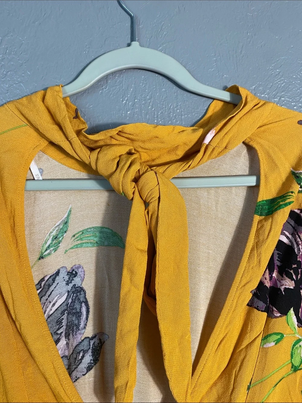 Free People Gemma Tunic Dress XS Mustard Floral Open Back Tie Boho Mini